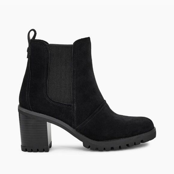Ugg Hazel Waterproof Block Heel Black Suede Leather Chelsea Ankle Boots Bootie - Picture 1 of 10
